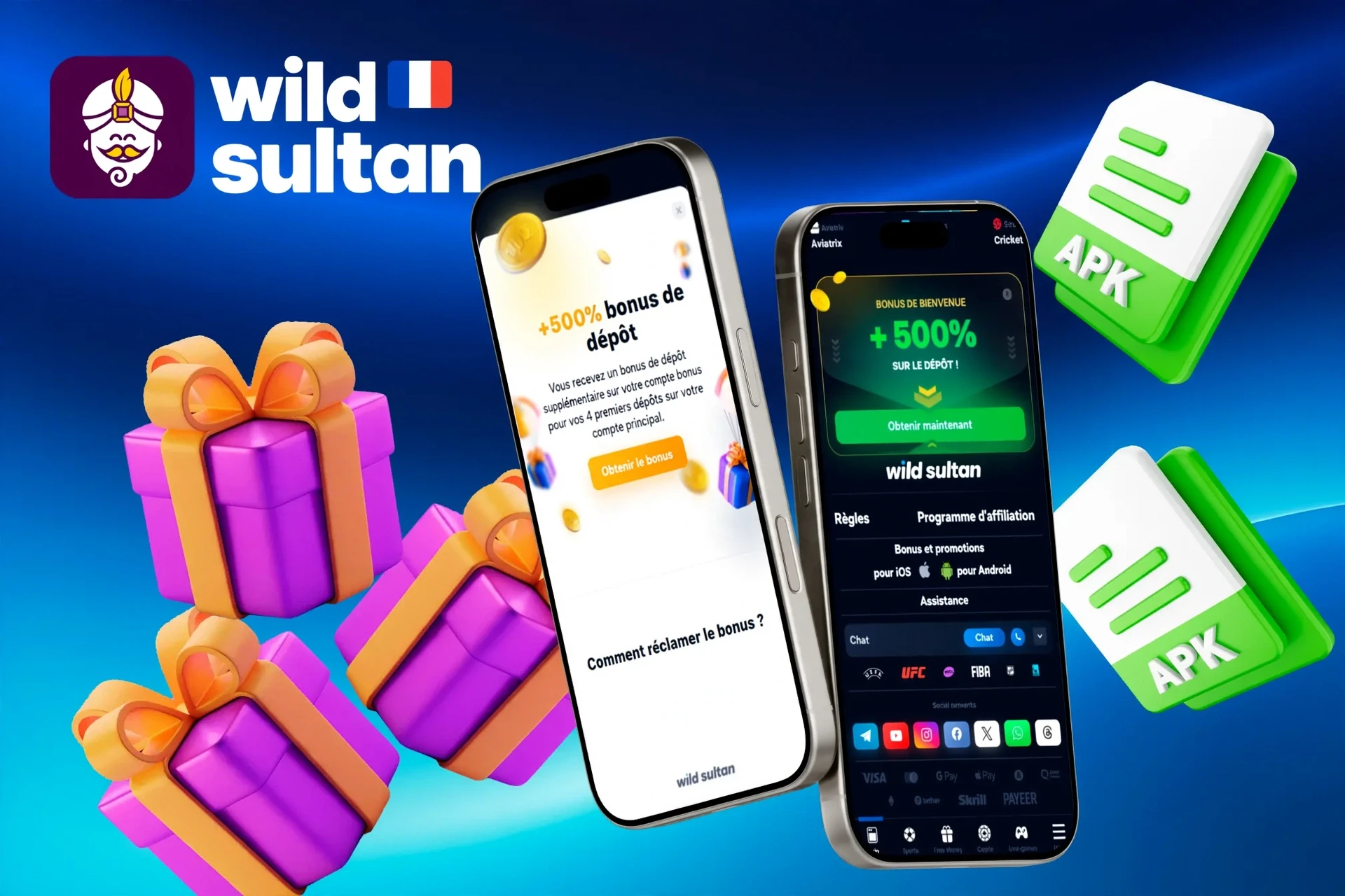 Promotion de l'application mobile Wild Sultan avec bonus de dépôt de 500% et illustration d'une boîte cadeau