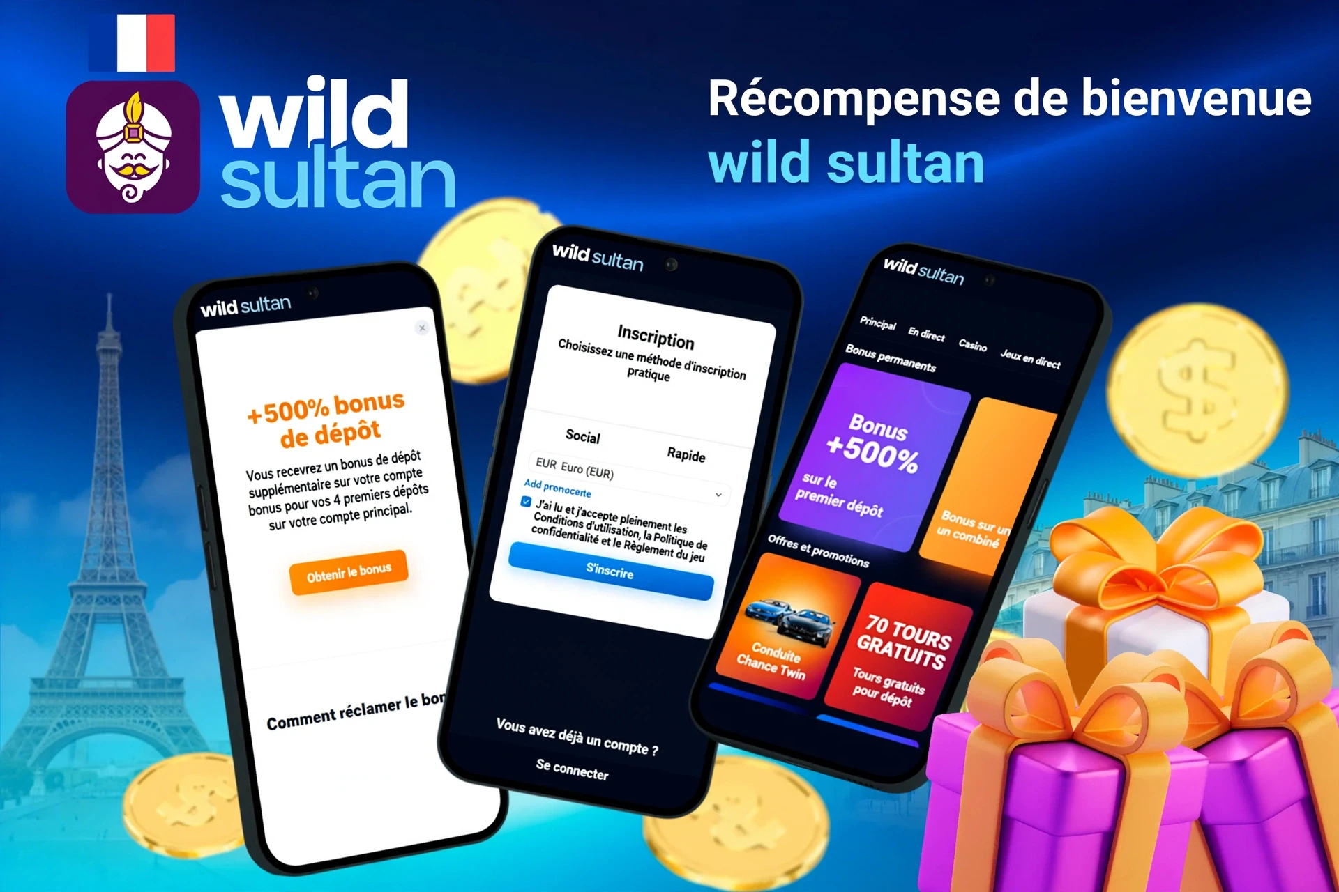 Écrans mobiles montrant l'inscription à Wild Sultan et un bonus de dépôt de 500 % avec des coffrets cadeaux