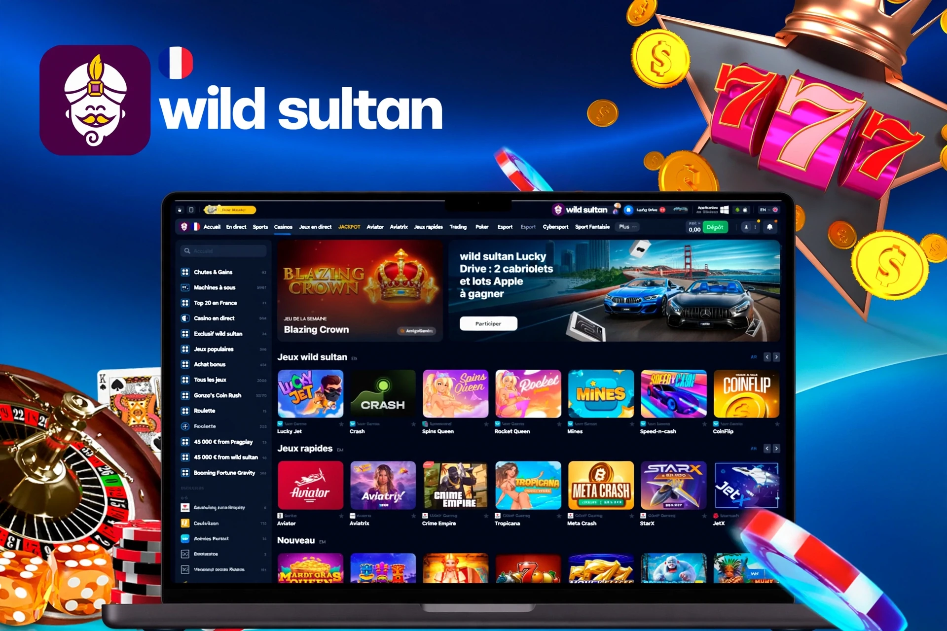 Casino homepage with various slot and crash games, including Lucky Jet and Blazing Crown
