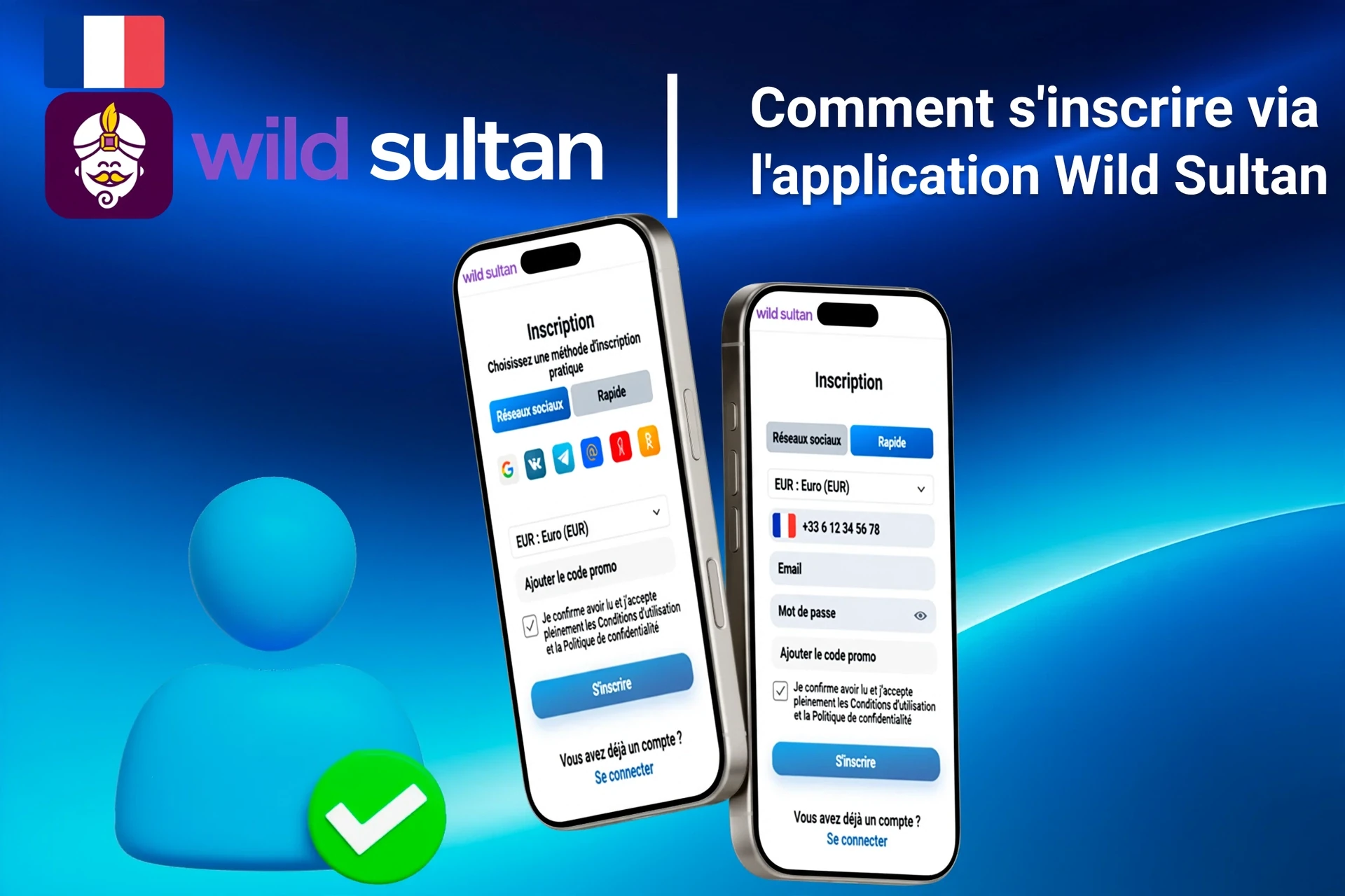 Processus d'inscription sur l'application mobile Wild Sultan avec options de connexion sociale