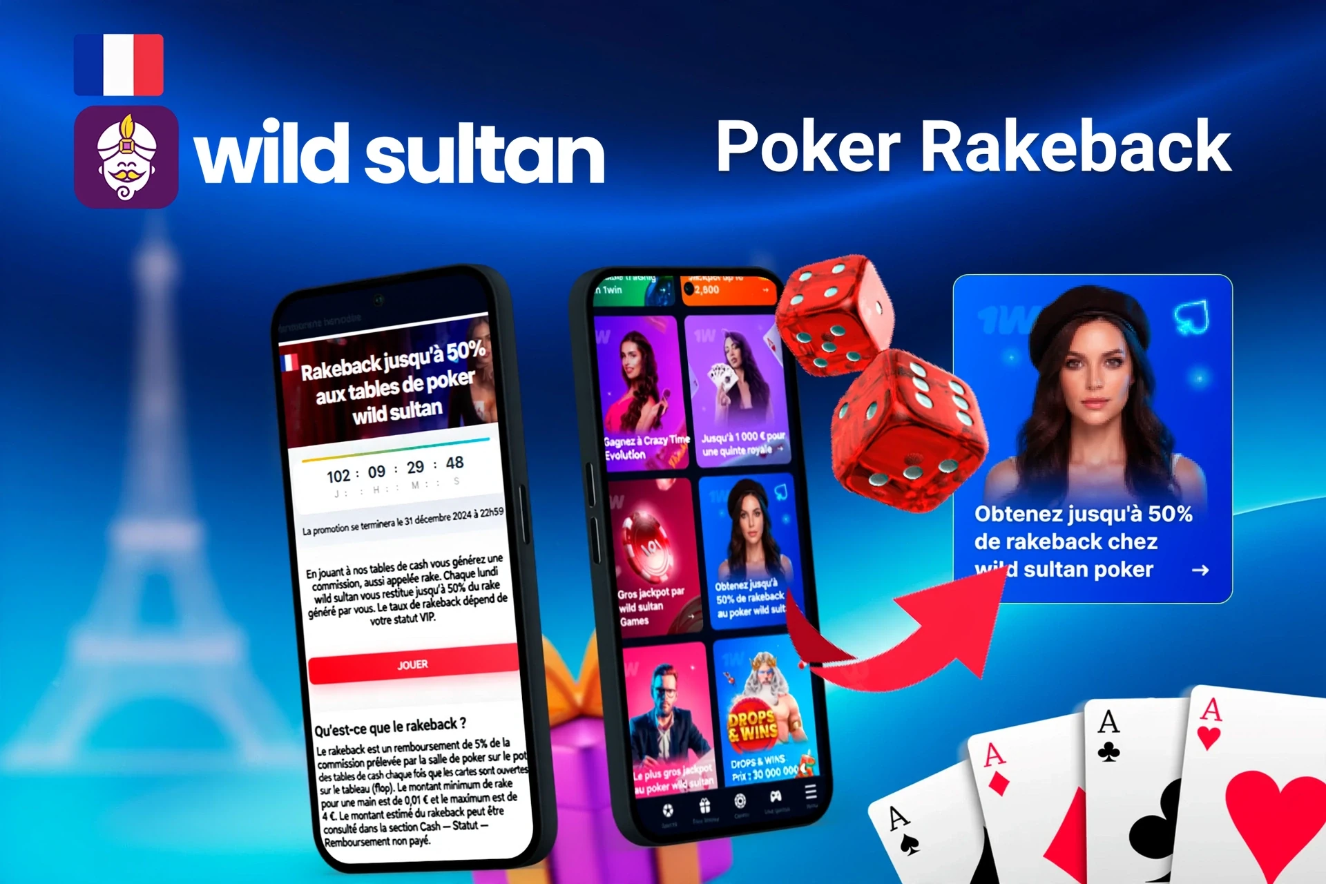 Application mobile avec offre de rakeback poker Wild Sultan jusqu'à 50 %, dés rouges et cartes à jouer