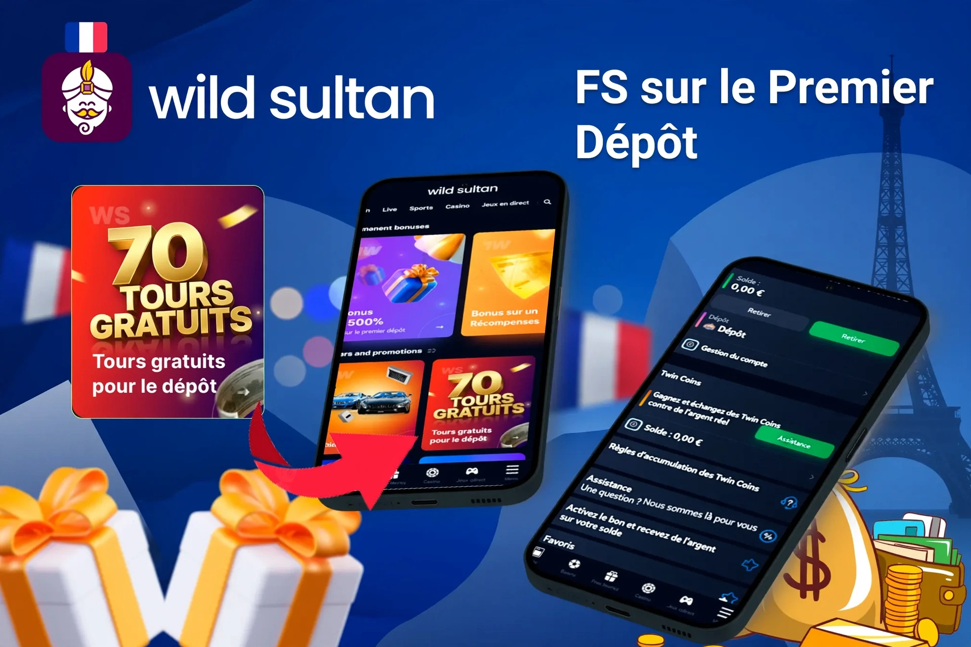 Application mobile affichant des offres de jeux de casino comme le programme de fidélité et des tours gratuits avec jetons de poker et cartes
