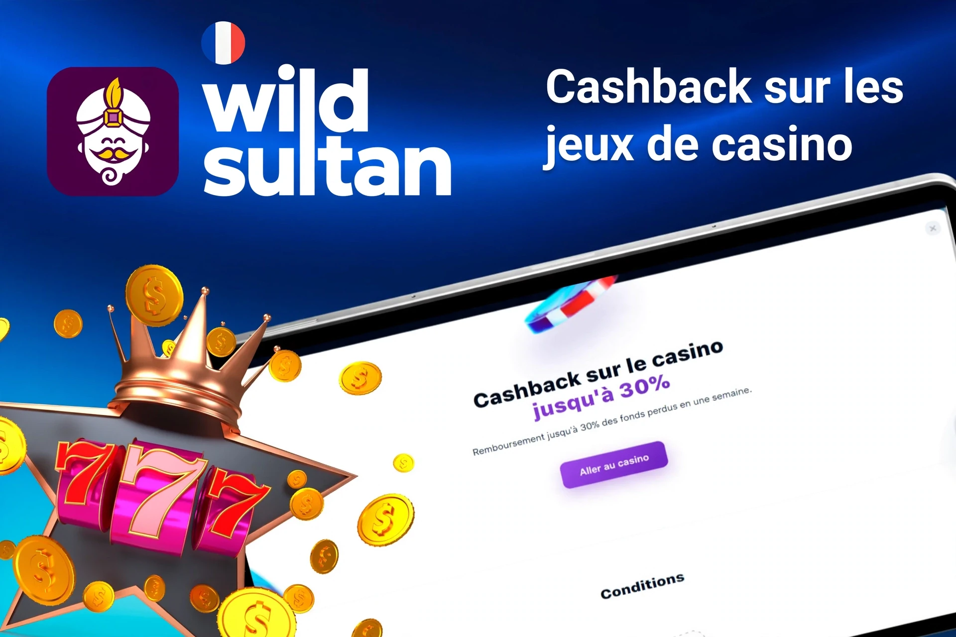 Application mobile avec offre de rakeback poker Wild Sultan jusqu'à 50 %, dés rouges et cartes à jouer