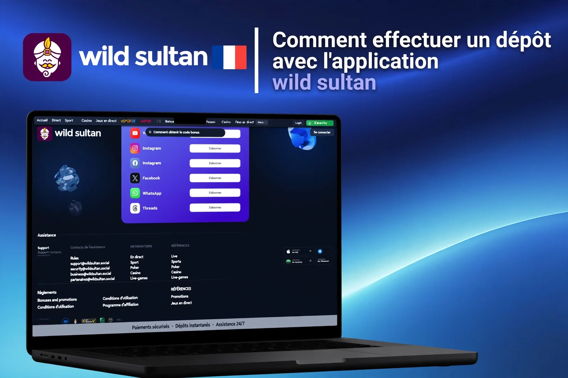 Processus d'inscription sur l'application mobile Wild Sultan avec options de connexion sociale