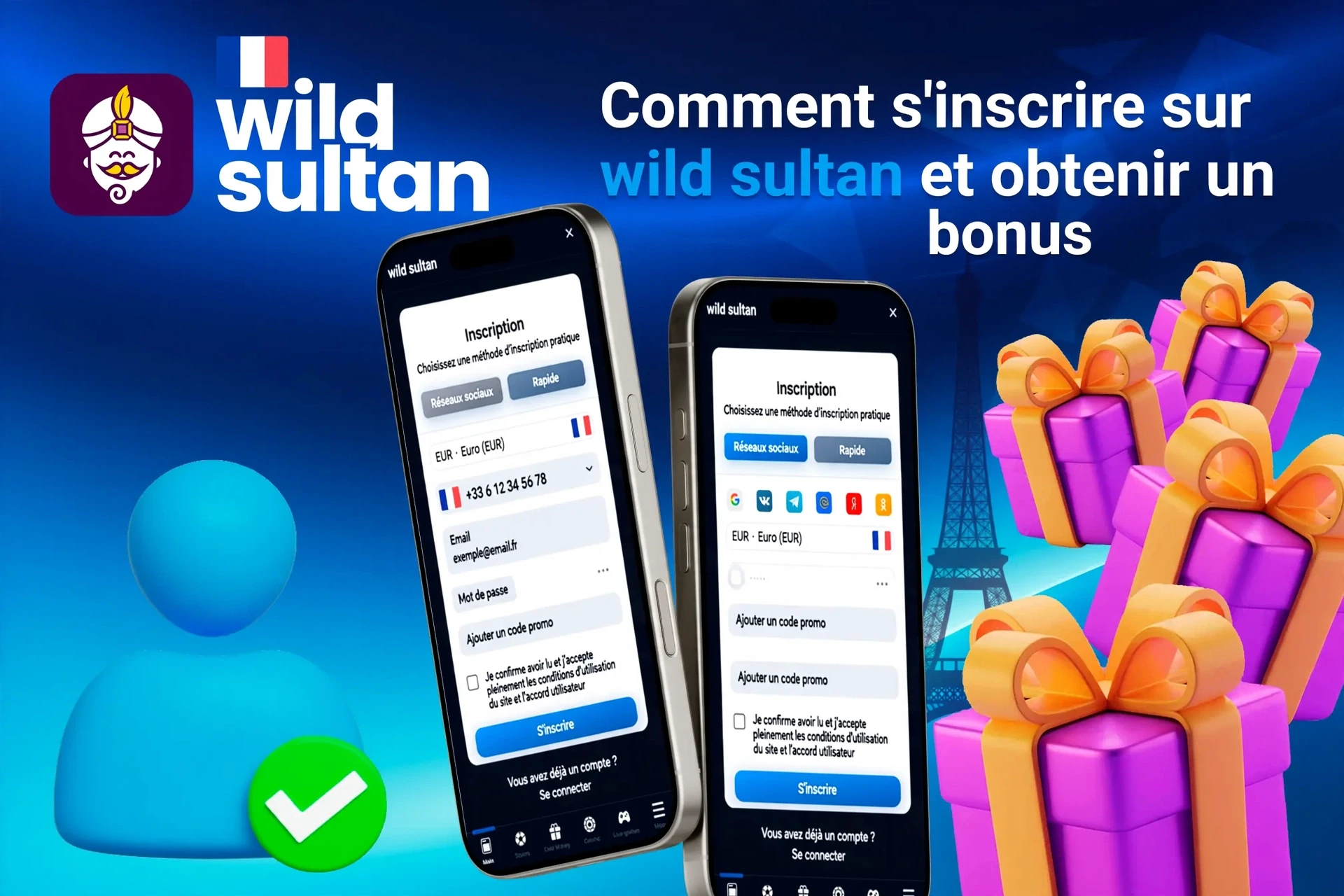 Page d'inscription mobile de Wild Sultan affichant des offres de bonus avec des coffrets cadeaux violets et dorés