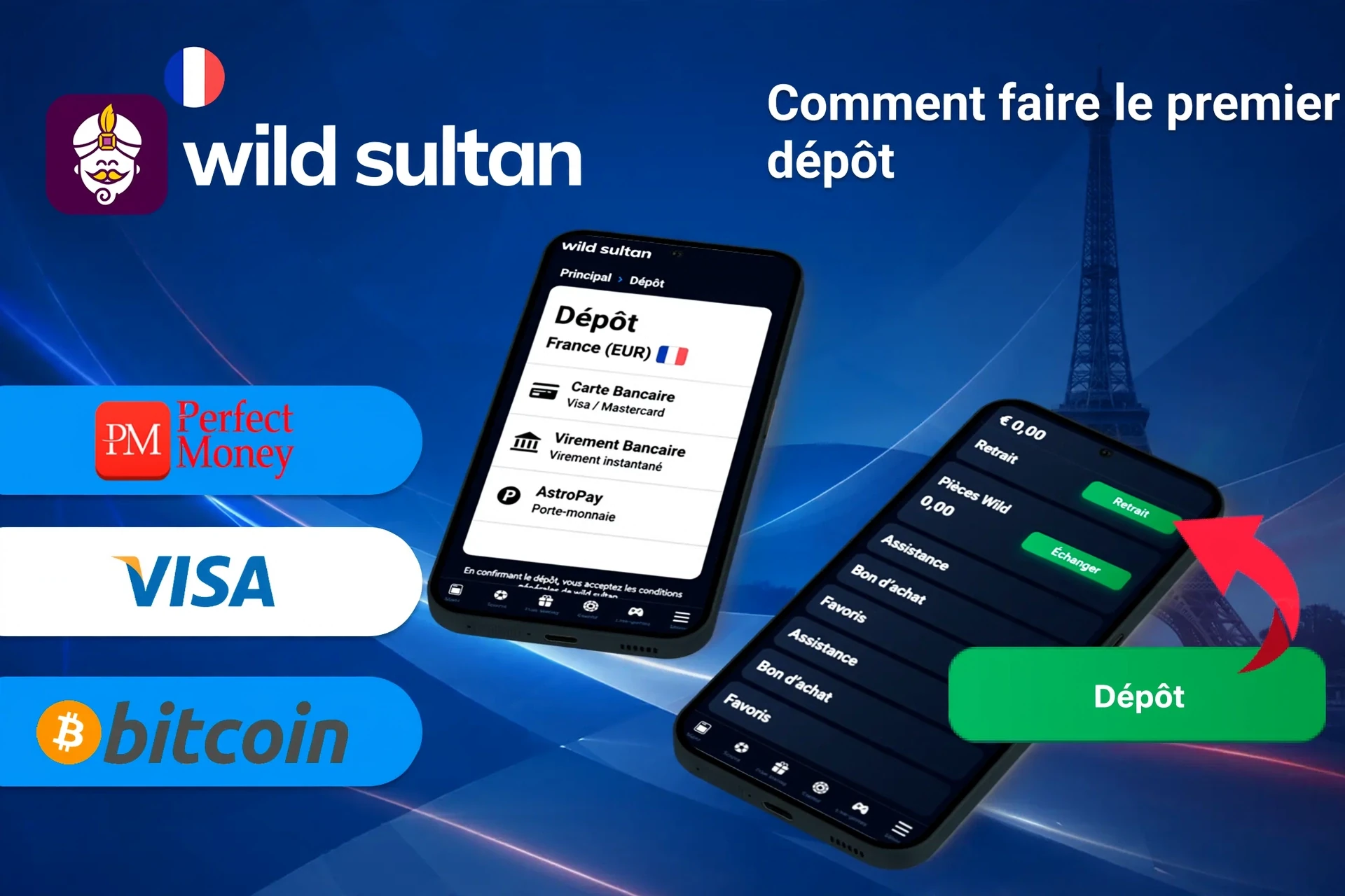 mobile app with deposit options including Perfect Money, Visa, and Bitcoin, along with deposit button
