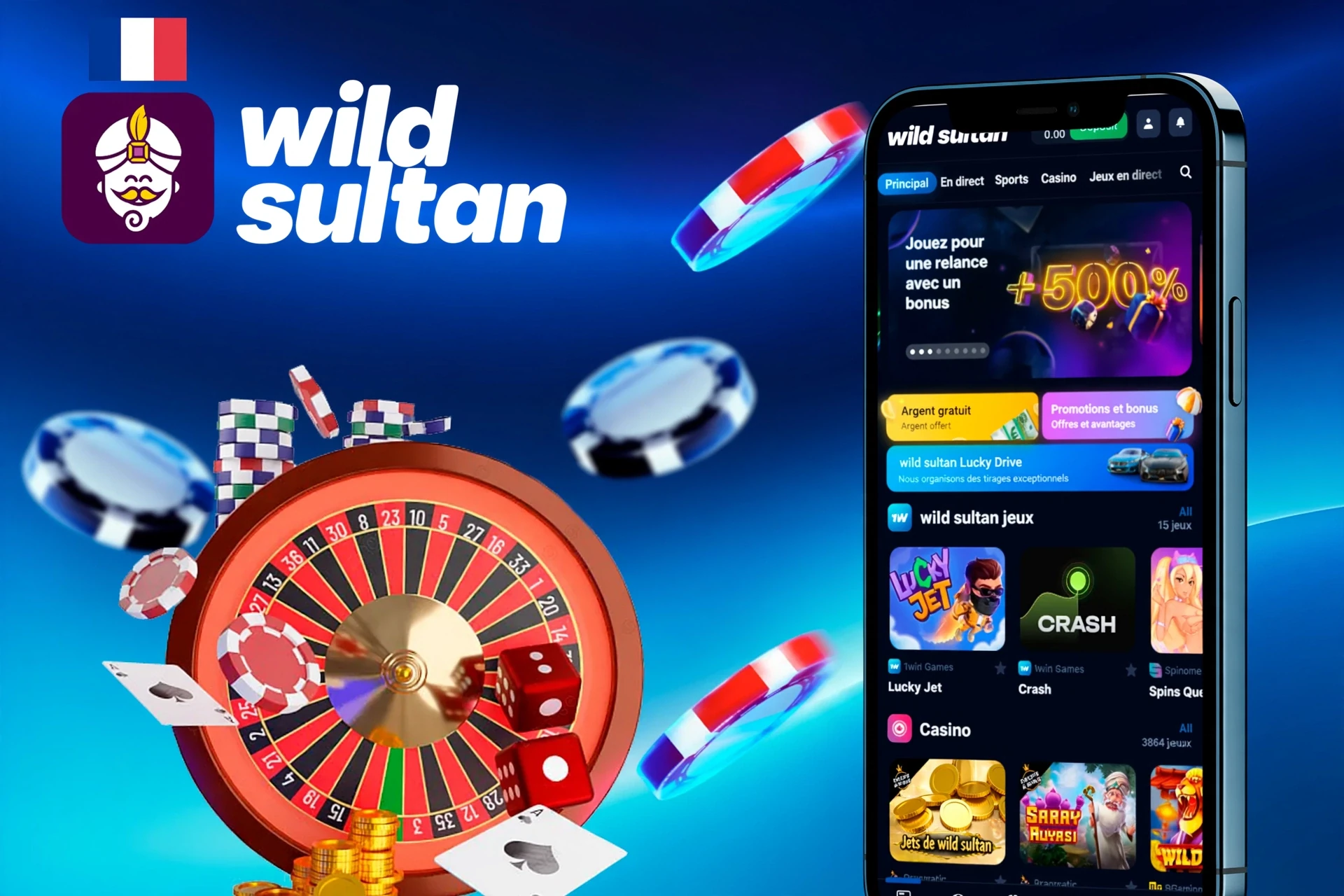 Version mobile de l'application Wild Sultan affichée sur des smartphones, offrant un accès rapide à diverses fonctionnalités de paris et de jeux