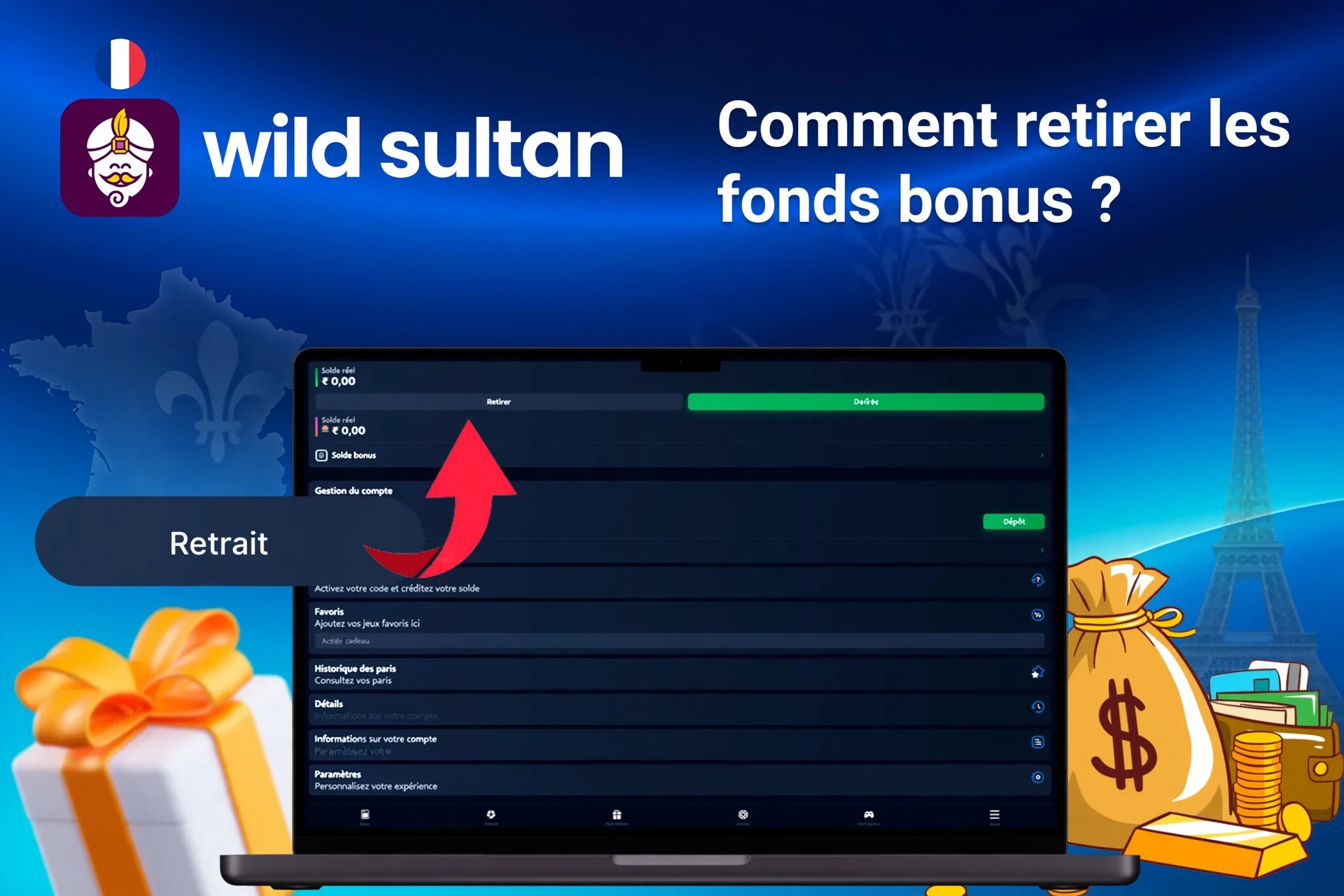 Laptop screen showing 1Win withdrawal options with money bags and gift boxes in the background