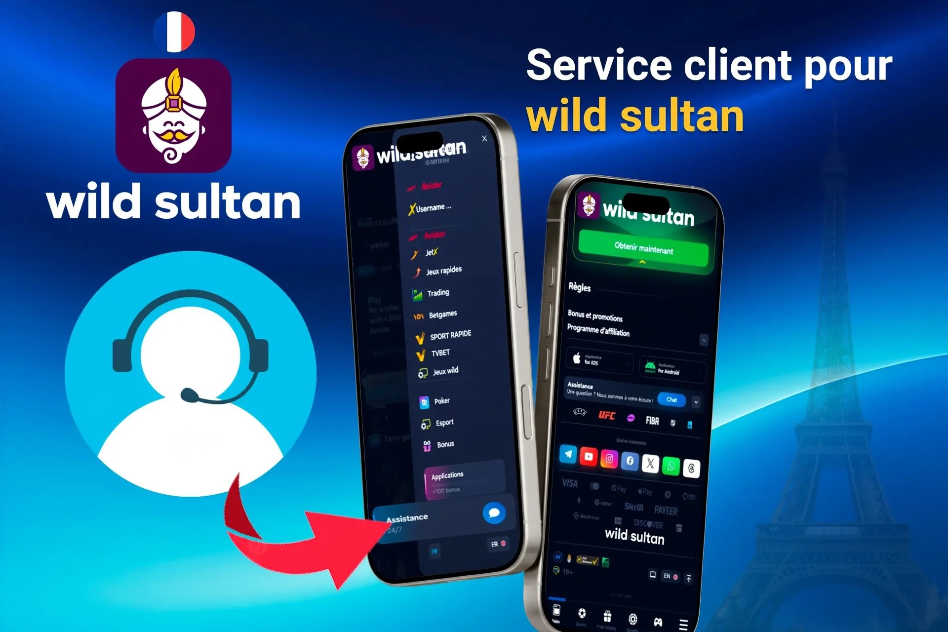 Fonction d'assistance client pour l'application, mettant en avant les options de contact via l'application
