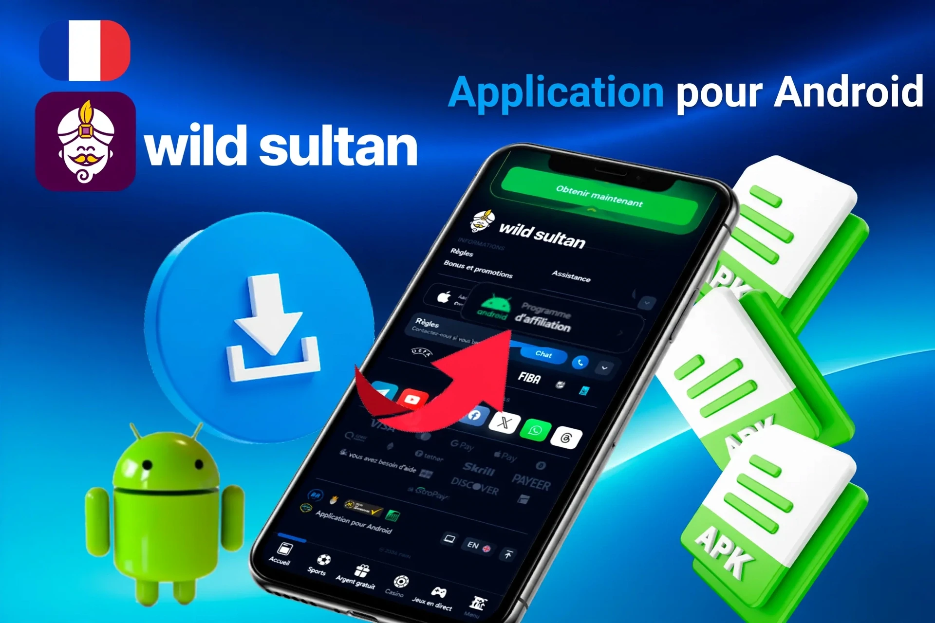 Processus de téléchargement de l'application Android avec icônes de fichier APK et mascotte Android