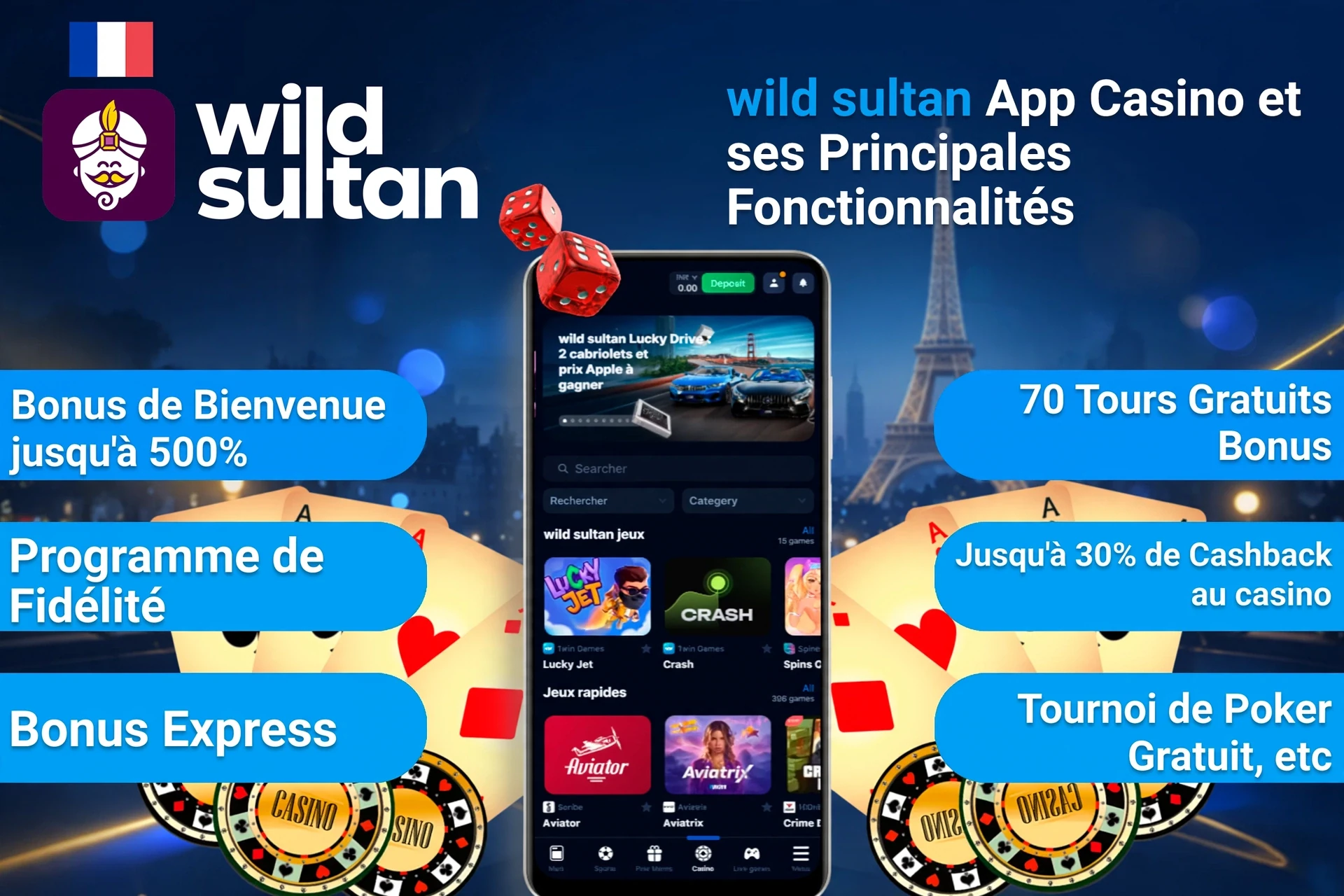 wildsultanfrance.fr App Casino top features including welcome bonus, loyalty program, and express bonus on mobile interface