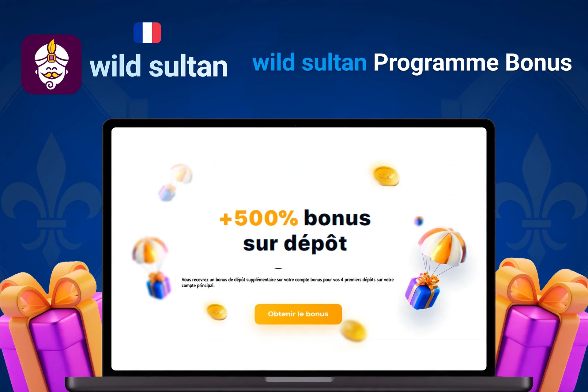 Laptop showing bonus offer of +500% deposit bonus with floating coins and gifts