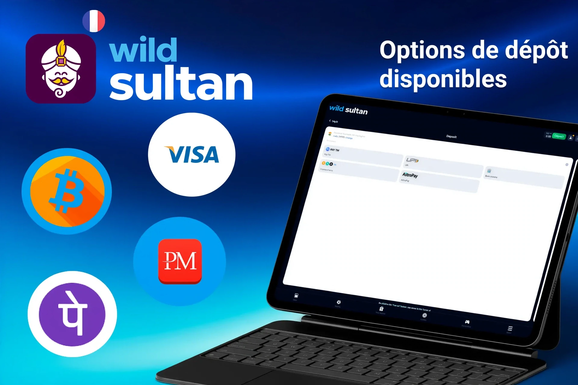 Options de dépôt disponibles sur la plateforme Wild Sultan, incluant Bitcoin, Visa, PayPal et Perfect Money, affichées sur une tablette