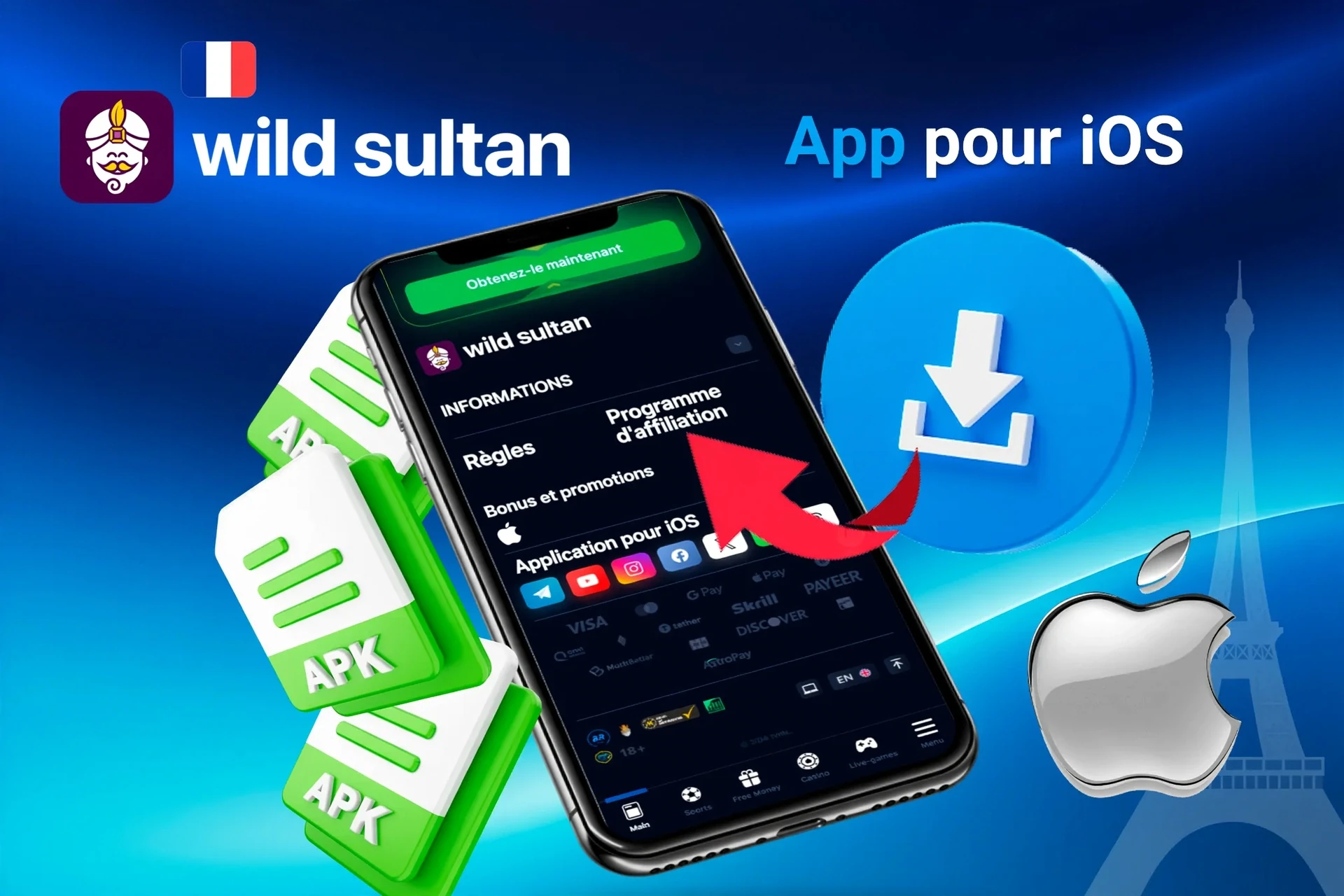 Écran de téléchargement de l'application iOS avec icônes de fichier APK et logo Apple