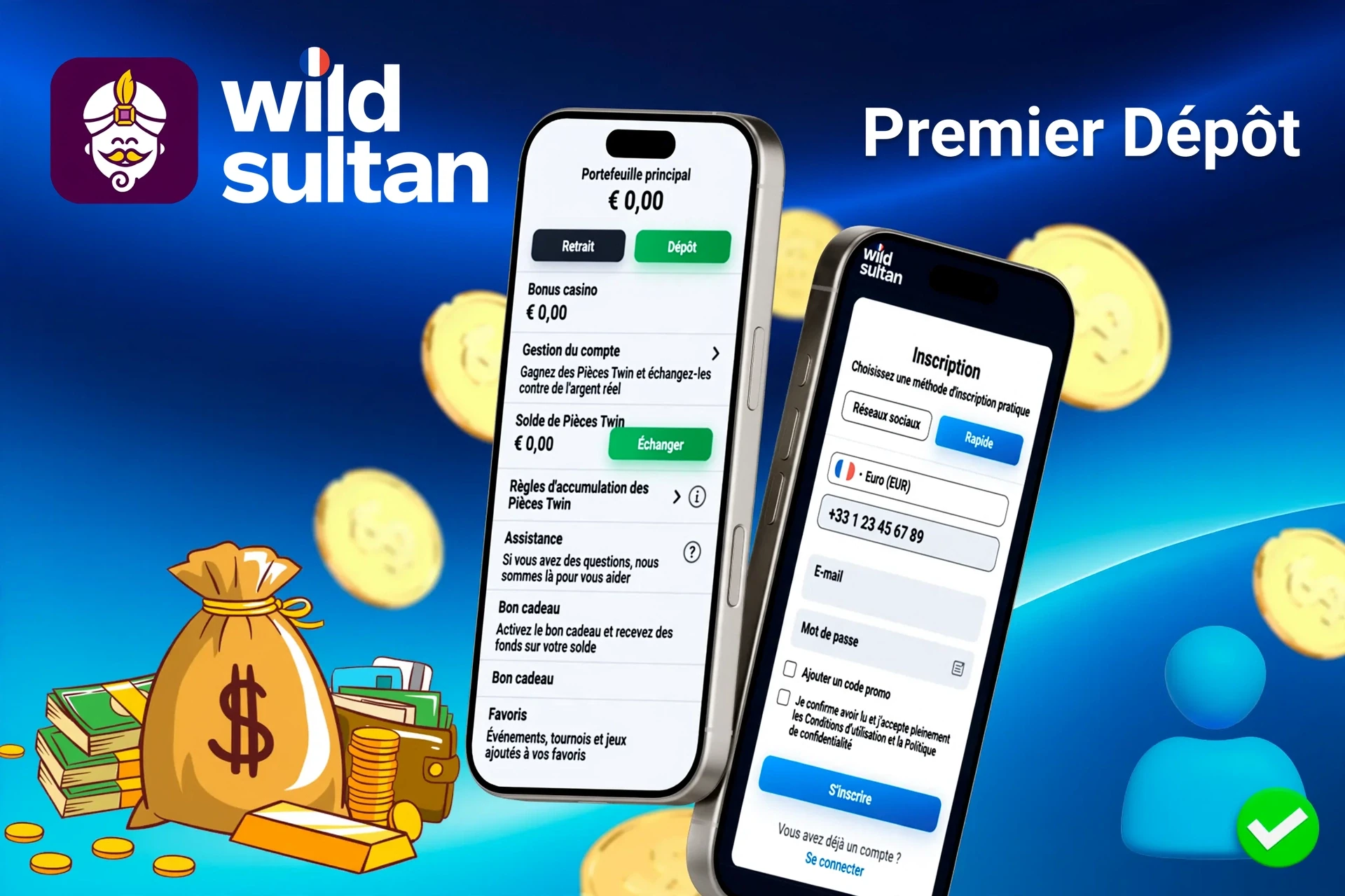interface mobile montrant les étapes pour effectuer le premier dépôt, avec des icônes des options de paiement et l'inscription au bonus