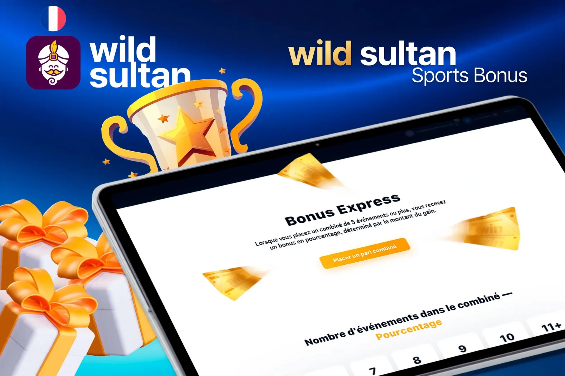 Tablet screen with express bonus offer for sports betting from 1Win, with trophy and gift boxes.