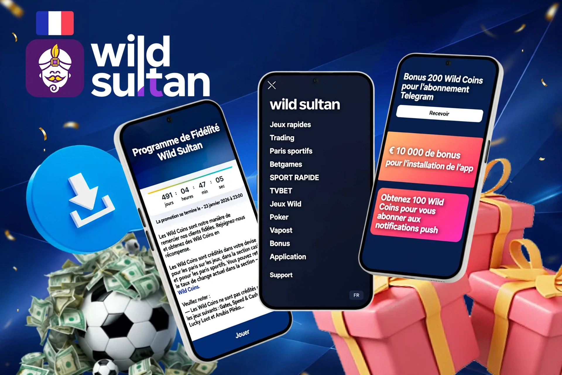 Mobile screens showing loyalty program, app installation bonus, and football icon with download button