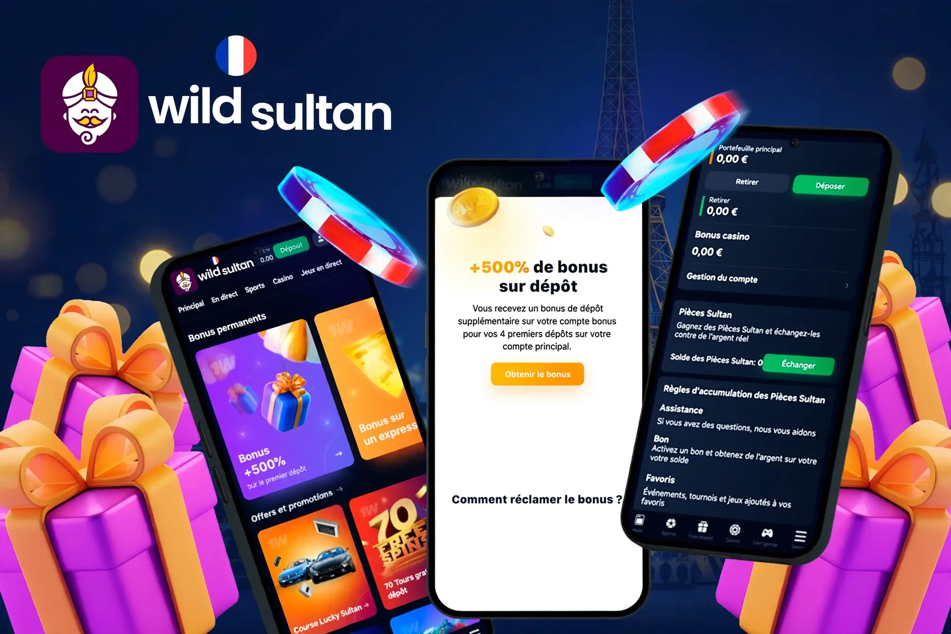 application affichant des instructions pour réclamer un bonus de dépôt de 500% sur mobile avec des éléments de jeu colorés