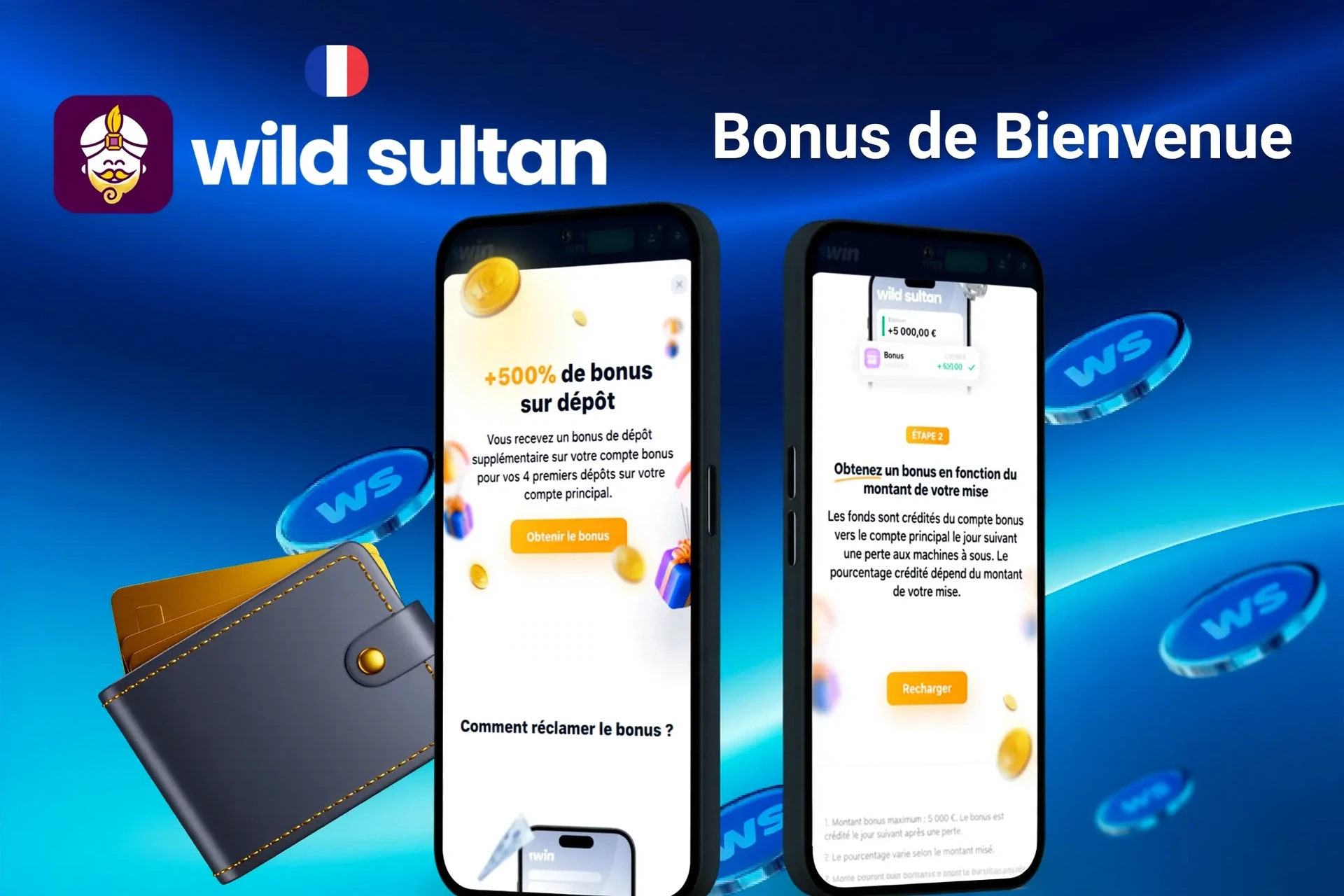 écran du bonus de bienvenue de Wild Sultan avec +500% de bonus de dépôt pour les quatre premiers dépôts, affiché sur deux écrans mobiles