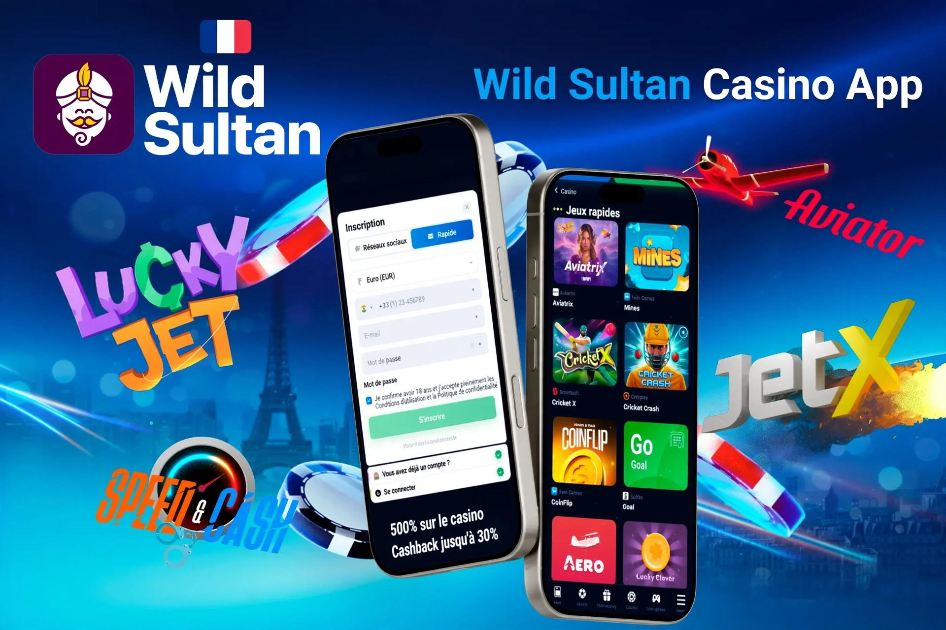 Écran d'inscription de l'application Casino Wild Sultan avec des jeux rapides comme Aviatrix et JetX