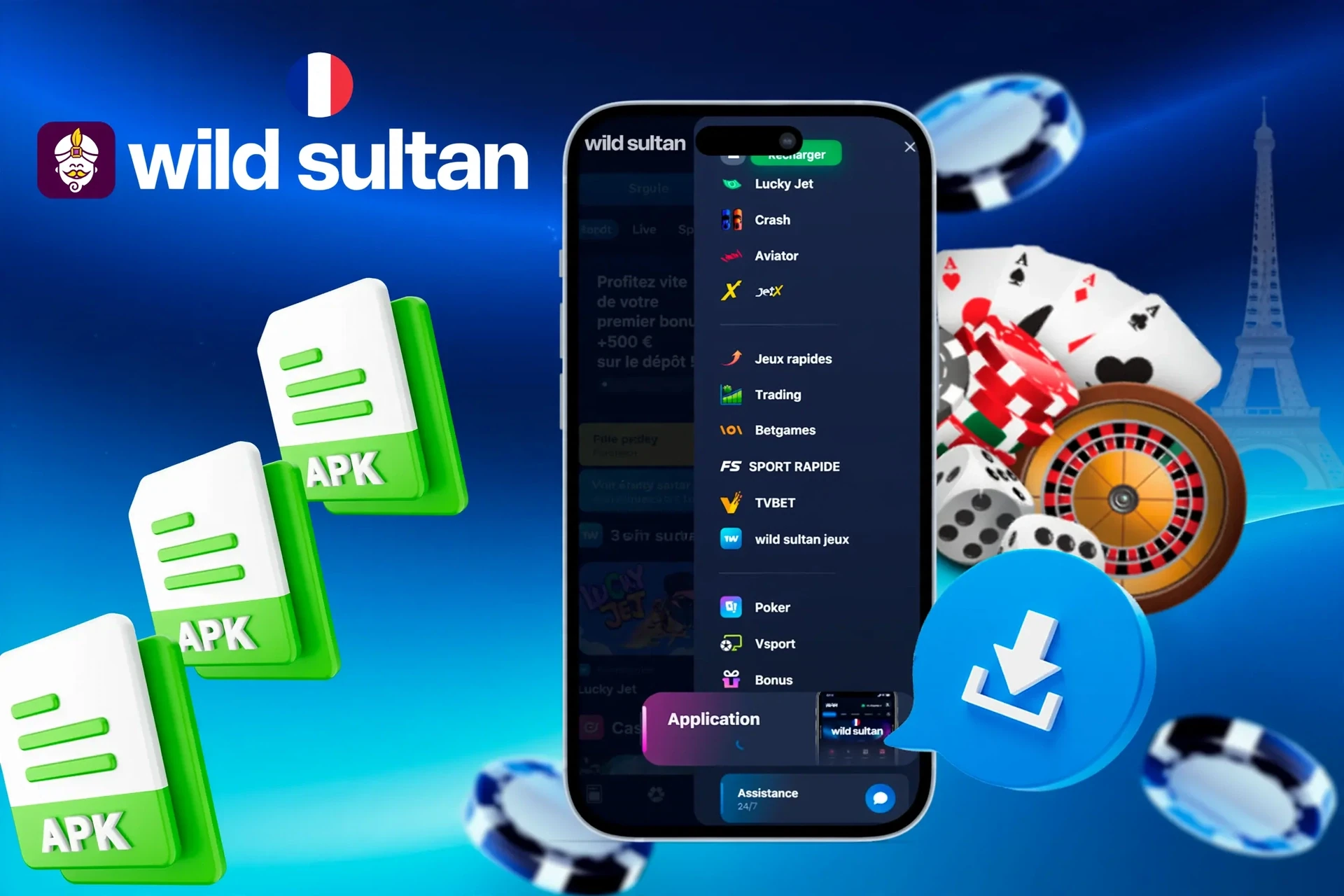 application Wild Sultan avec icônes de fichiers APK et jetons de casino illustrant l'accès mobile aux jeux de Wild Sultan