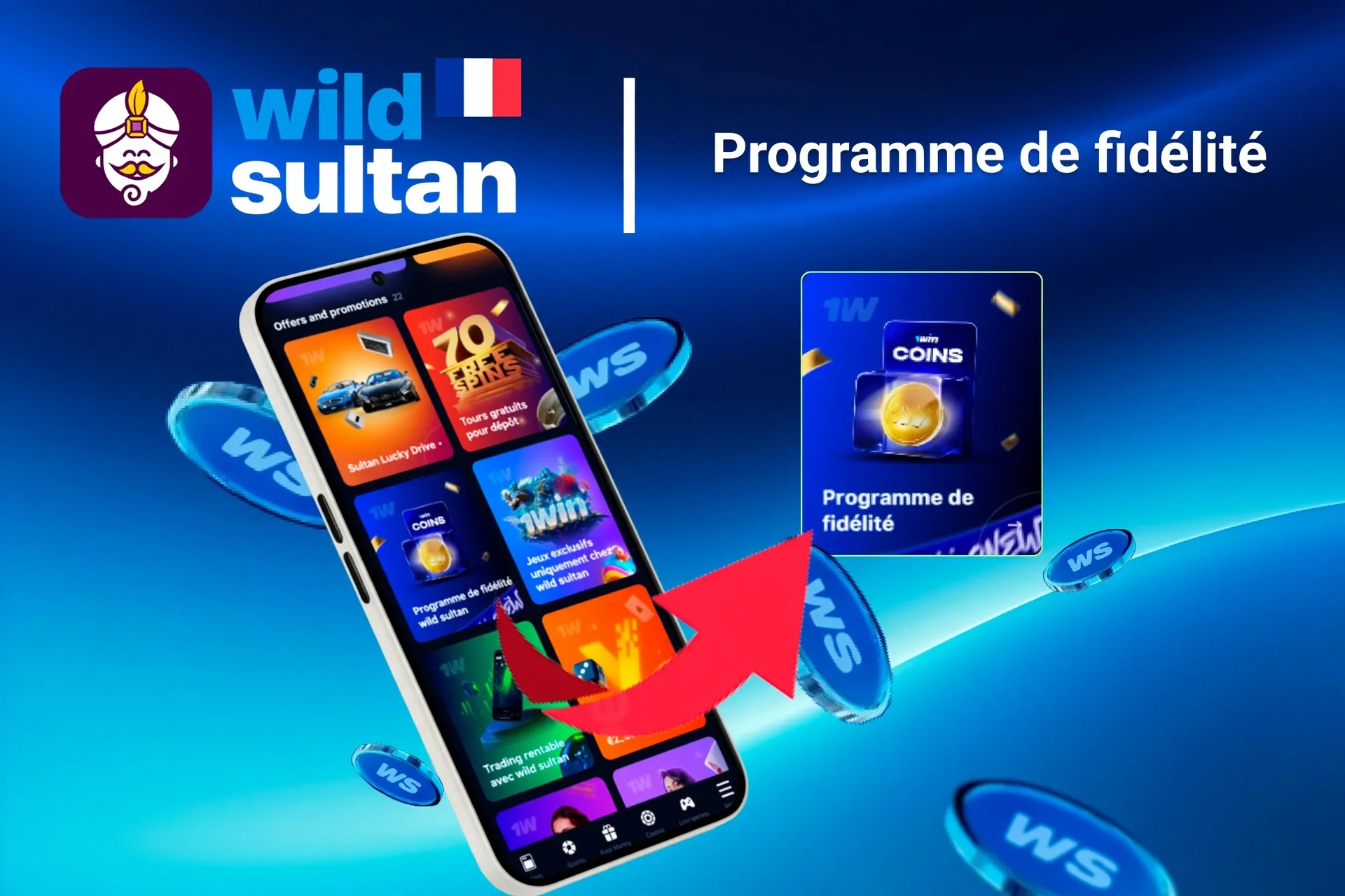 Mobile app showing 1Win loyalty program and offers like free spins and Lucky Drive.