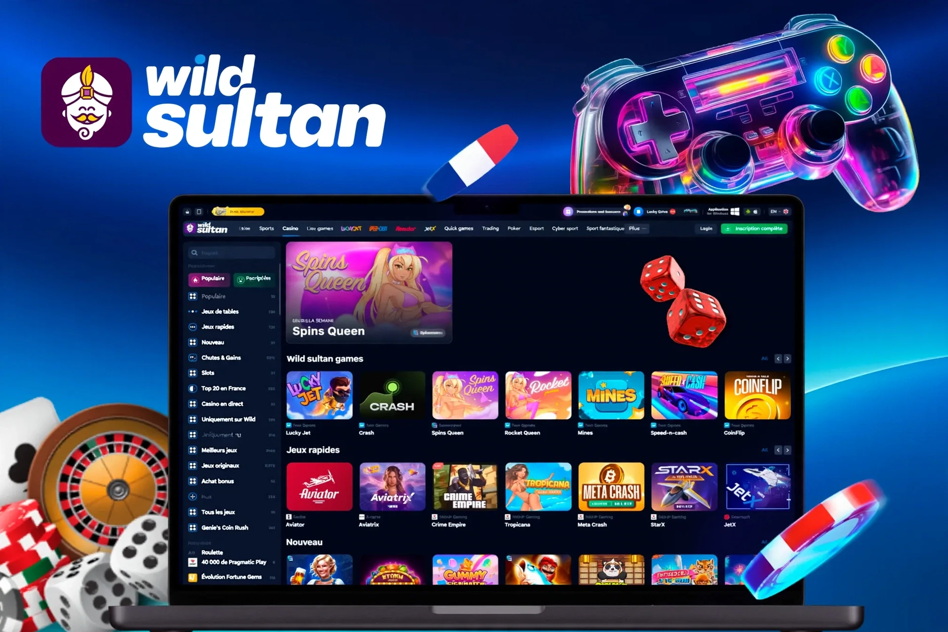 interface d'application montrant une variété de jeux comme Spins Queen, Crash et Rocket Queen avec une icône de manette de jeu vibrante