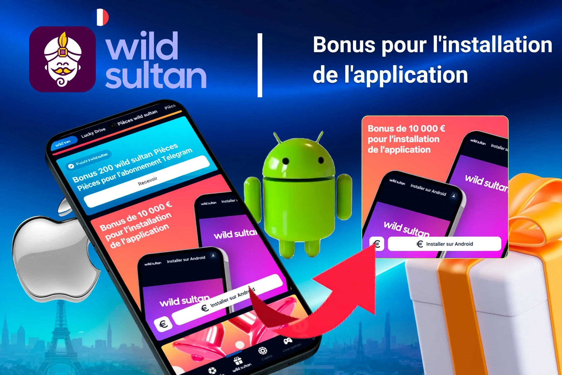 Offre de bonus Wild Sultan pour l'installation de l'application sur mobile avec logos Android et Apple, et des coffrets cadeaux