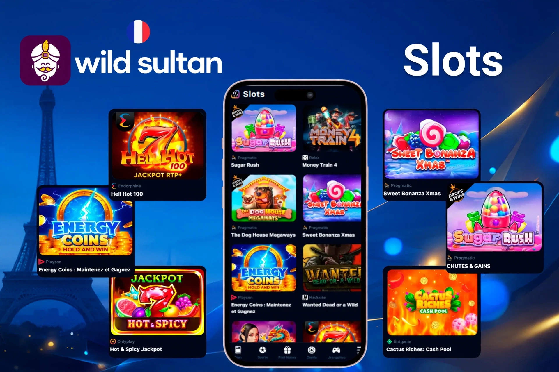 Machines à sous présentant des titres populaires comme Sugar Rush, Energy Coins et Hell Hot 100 sur mobile et ordinateur