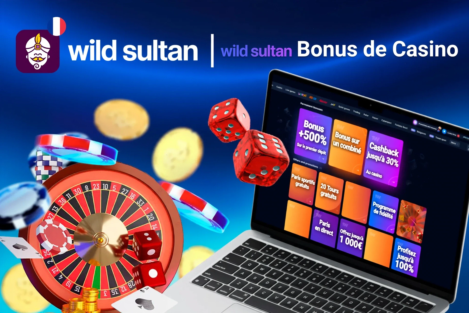 Écran d'ordinateur portable montrant divers bonus du casino Wild Sultan avec roulette, dés et jetons de poker