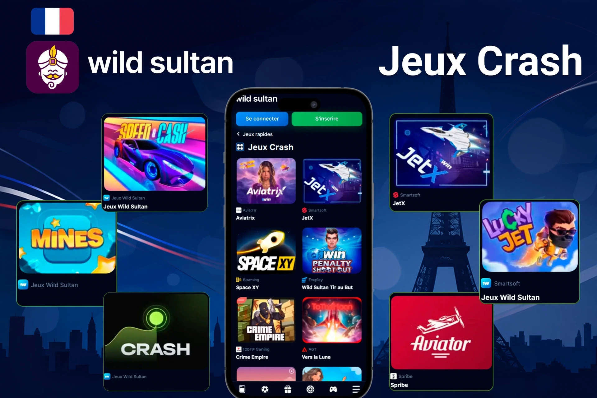Jeux crash tels que Mines, Speed-n-Cash, JetX et Lucky Jet affichés sur l'application mobile